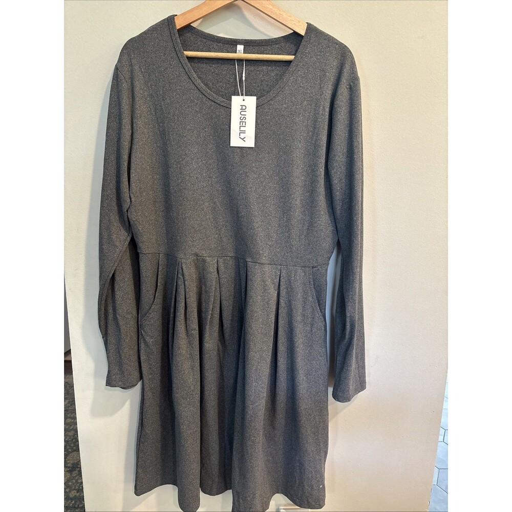 Auselily Women's 2XL Stretch Gray Long sleeve Dress With‎ Pockets